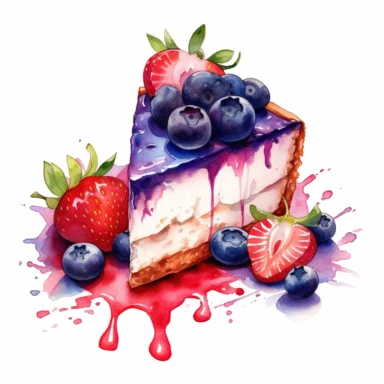 This highly detailed watercolor clipart presents a tantalizing cheesecake adorned with a vibrant medley of strawberries and blueberries on a pristine white background. The artwork captures the essence of this delectable dessert with remarkable precision. The cheesecake itself is depicted with intricate brushstrokes, showcasing its creamy texture and delectable layers. Plump strawberries and juicy blueberries are meticulously painted, capturing their vibrant colors and enticing appeal. The combin