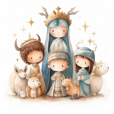 A watercolor painting of a cute nativity, Mary, Joseph, newborn Baby Jesus, 3 wise men and an Angel, nativity scene Christmas, cute detailed digital art, inspired by nicoletta ceccoli, by Kubisi art, whimsical and cute, by nicoletta ceccoli, cute detailed artwork, glimmering, adorable and whimsical, whimsical art, Clipart style, png style, svg style, blank white background, a solid white background