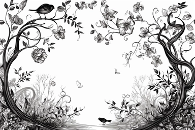 a black and white, clipart, corner frame, of illustrated, black and white, pretty and delicate, tree branches and roots
