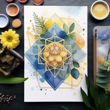 Unleash your inner artist with a hilarious and mind-bending challenge: create an abstract watercolor artwork inspired by the sacred geometry of platonic solids, incorporating intricate mandalas and high-detail botanical elements. But wait, there's more! Your artwork must also feature a houseplant, a flower, and a geometric object - all as clip art elements that could be used in a graphic design project. And to up the ante even further, you must create this masterpiece while wearing a ridiculous 