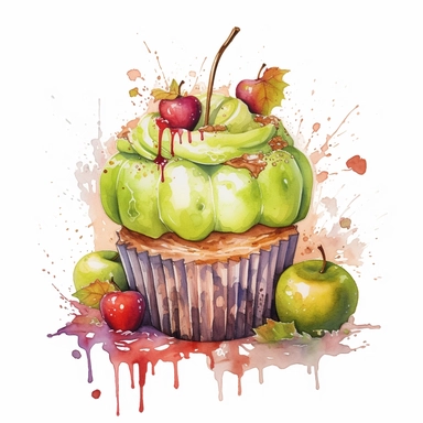 delicious halloween cupcake with Autumn apple orchard , watercolour illustration clipart, extremely detailed, 4k, high quality, colour scheme black, lime green, red and white , , isolated on white background - <@1098423716465102849> (relaxed) - <@1098423716465102849> (relaxed) - Image #3 <@1098423716465102849>