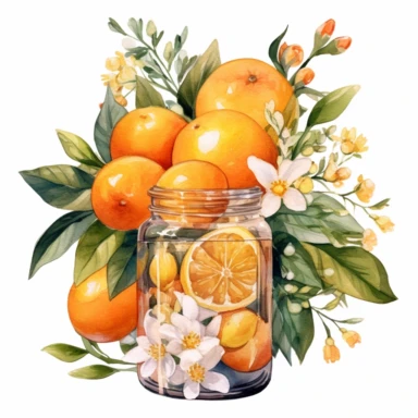 Create a watercolor oranges clipart with glass nd bouquets
