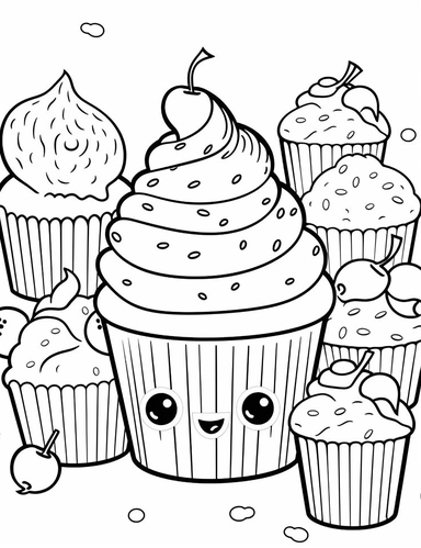 Kawaii muffins with delightful designs and flavors, like blueberry, chocolate chip, and banana For Simple Coloring page,line art, thick lines, black and white,clipart, illustration, on white background,margin Page 10px