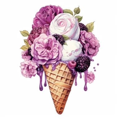 watercolor an ice cream cone is filled with purple flowers, in the style of monochromatic palettes, made of flowers, collage-inspired, berrypunk, floral accents, hatecore, crisp Clipart desert cartoon t-shirt graphic, vector, contour, isolated on a white background