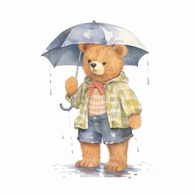 a Cute Happy Bear in clothing in the style of Watercolor Kate Greenaway Clipart, White Background