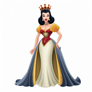 FULL-BODY PERSPECTIVE OF A 2D DISNEY CLIPART ILLUSTRATION OF A BEAUTIFUL AND BENEVOLENT QUEEN, WHITE BACKGROUND, STYLE OF DISNEY'S 1937 MOVIE SNOW WHITE, WHITE BACKGROUND