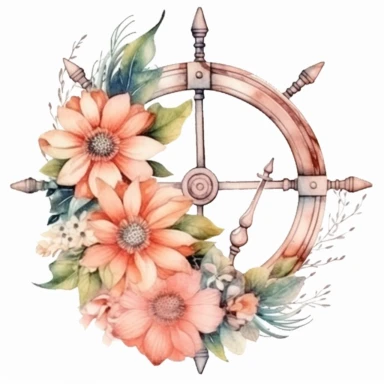 Watercolor hand drawn nautical / marine / floral illustration with steering wheel & flower bouquet with green leaves arrangement. Icon, object, corner, frame clipart for invitations, decoration, DIY.