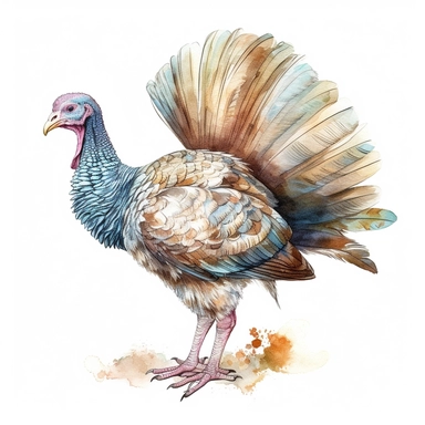 Thanksgiving turkey clipart, centered, white background, image only style by Lucy Fleming, watercolor, smooth gradients, black contour outline, ultra detailed, clipart elements, delicate pastel colors, solid white background, super clear, high quality
