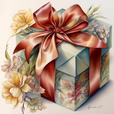 insanely beautiful wrapped gift , in the style of beatrice potter and jody Bergsma, silk vibrant red bow,32k uhd, hand-painted details, pastoral illustrations, amazing colour combinations with beige green and burgundy, aquarellist, hd , white background clipart ,-- no watermark--ar 27:37