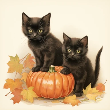 autumn themed black kittens, vintage clip art