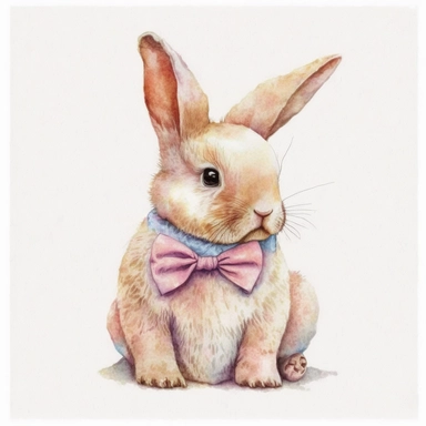 a detailed watercolor painting of a cute cartoon baby bunny with bowtie, clipart, watercolor style, pink, pastel colors, isolated on white background, children's book illustration