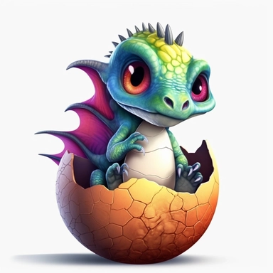 create a rainbow color baby dragon coming out of half cracked egg, with deep eyes, dark contrast, deep colors, clipart on white background, HD, sharp image, clipart on a white background