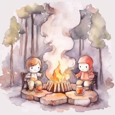 watercolor clipart campfire with people sitting around, and mashmallow, kettle