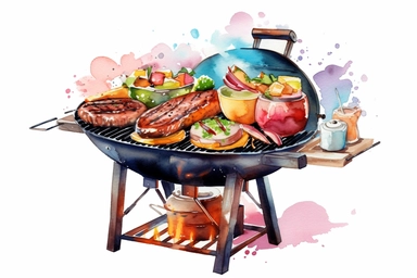 colorful BBQ grill with food, watercolor clip art