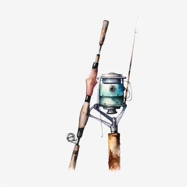 Watercolor fishing pole clipart, white isolated background, space out, hd