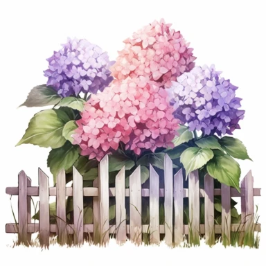 watercolor, hyper realistic, white background, white margins, 16k, ultra detailed clipart, cut out image, hand-drawn a white wooden fence with a backdrop of a large, full hydrangea bush with pink and purple petals. in the style of enchanting watercolors