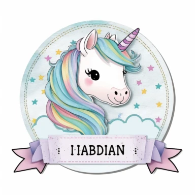 personalised name plate ribbon for text, a large unicorn chibi face, birthday invite, pastel clipart, Watercolour, pure white background