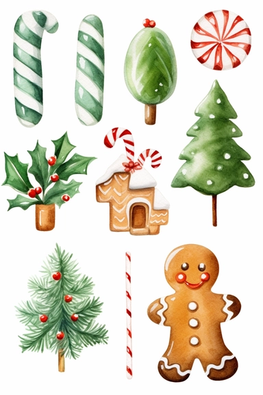 watercolour christmas theme clip art, gingerbread cookies and christmas candy theme, clipart variations, simple, vector, 8k