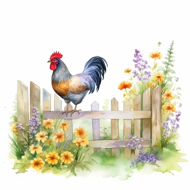 Visualize a clipart-style watercolor illustration of a chicken perched on a wooden fence that disappears into the distance, surrounded by wildflowers on a summer day, set against a clean white background. Ensure a sense of depth with bright, pastel colors highlighting the fence, leading the eye to the chicken against the stark white background. The composition should place the chicken centrally, emphasizing its intricate details and summer vibrance