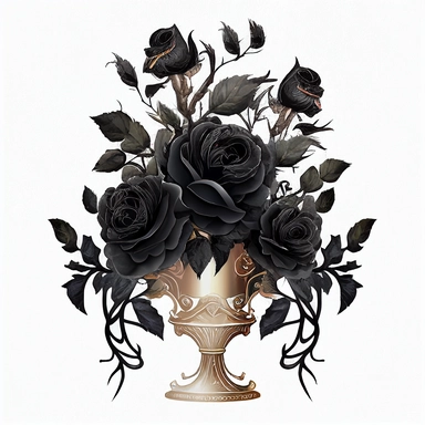 a vase of gothic black roses. White background. Artwork medium is watercolor clipart