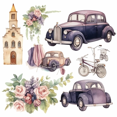 watercolor and pen wedding themed clipart, include bride and groom, vintage car, chapel, bouquet, high details, 8k,