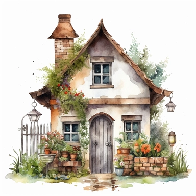 one garden house clipart digital arts on a white background, in the style of atmospheric watercolours, uhd image, vintage cut-and-paste, iconic, realistic, detailed rendering, en plein air technique, charming characters , no watermark, text, 300 DPI , typography, shapes do not stick together, no text in the picture, on a white background