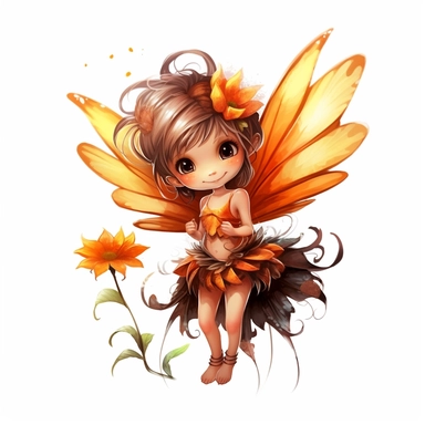 Enchanting little brown fairy with orange wings, perched delicately on a flower, enchanting viewers with a charming smile, deep, expressive eyes, and twinkling wings, on a white canvas with deep, captivating colors and high contrast. clipart on white background