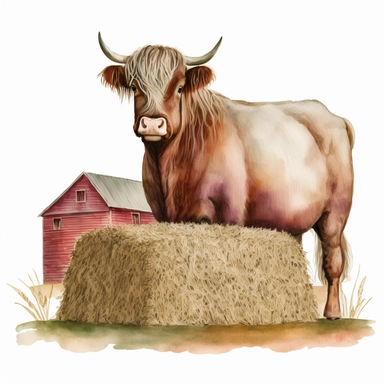 Highland Longhair Cow standing on a hay bale, with a red barn in the background, Watercolor, Clipart, sweet, cute, transparent background PNG