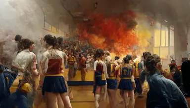 wide shot. a high school gym that is on fire. a group of cheerleaders dances. some boys fight. lots of smoke. fire is everywhere. Inspired by Nirvana's video clip. like in a Pierre klossowski painting.