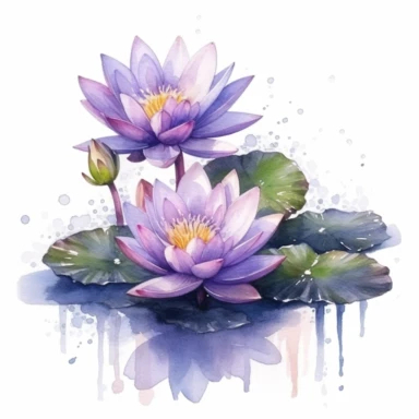 lotus flowers with violet blossoms floating on the water artistic watercolor with a delicate touch with shadow gradation white background clipart high quality 8k hyper detailed