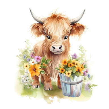watercolor painting,super cute adorable highland baby cow smiling, full body standing on the grass, surraunded by meadow flowers, eating flowers from the basket, dynamic colors, octane rendering, ultra detail, intricate details, clipart, png, white background