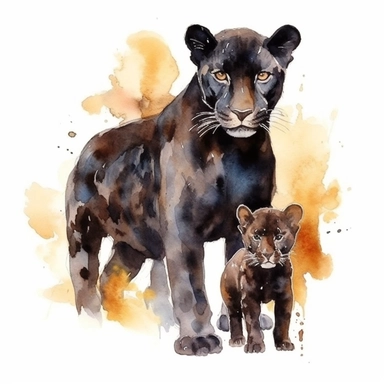 watercolour clipart, black panther and baby panther, standing, rich earth tones, sublimations