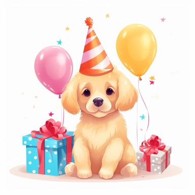 clipart of a cute golden retriever puppy wearing birthday hat, include balloons, presents, kawaii style illustration, white background
