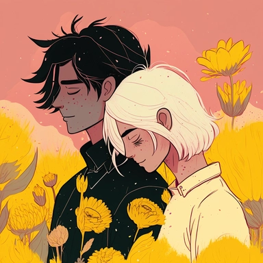 Dreamlike hyper realistic illustration of a couple in love embracing. The man has black hair. The girl is has white hair. In a field of pink and yellow flowers. Flat colors, simple lines, gorgeous lighting, graphic novel style, 2d painting, ink painting style, digital art, childrens character design, happy mood, pixar style cartoon, line work, minimalist, watercolor, 8k, PNG, clipart on white background, sticker style, studio ghibli vibe, studio ghibli style