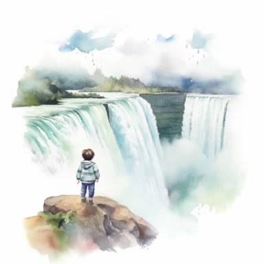 Niagara Falls childhood memory, water color style, clipart, white background