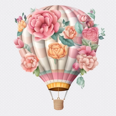 Hot Air Balloon With Foral realistic Clipart, White Background