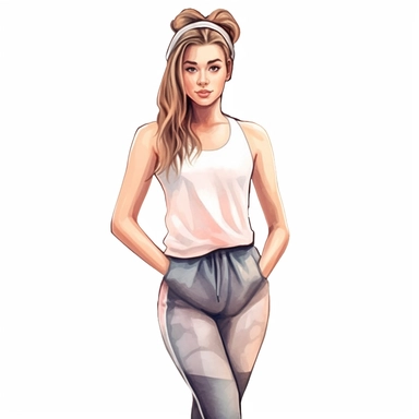Gym girl wearing gym clothes and ready to workout, watercolor style, clipart solid white background