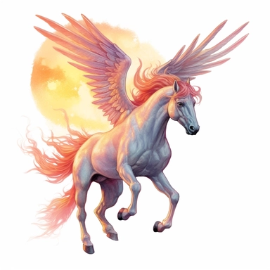 sunset pegasus tattoo design by twilight designs, in the style of david nordahl, sunset colored wings, jean-baptiste monge, farel dalrymple, fantastical street, high resolution, imaginative characters, clipart, blank white background