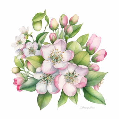 Watercolored pencil style illustration, boho style apple blossom scenery, pink green white silver, isolated on a white background, PNG file clipart style, Dennis Wojtkiewicz, Amanda Clark, Lowell Herrero,