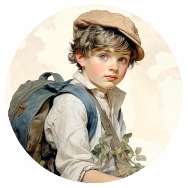 very beautiful boy with schoolbag, vintage, white background, round clipart with pastel color, detailed and lovely Renaissance painting