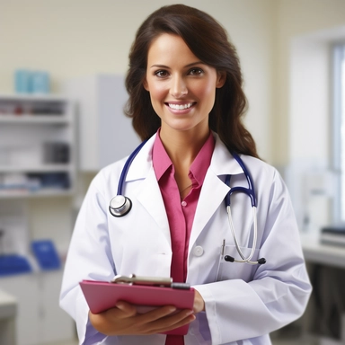 Female doctor, laminated ID badge clipped to lab coat, crisp white lab coat, wearing pink latex gloves, holding normal sized clipboard, stethoscope around neck, looking at camera, smiling, photorealism, perfect symmetrical face, perfect details, background: examination room, intricate details, 8k, ultra-detailed, intricate details, bright colors, DSLR, Canon EF-S 10-18mm f/4.5-5.6 IS STM lens, ISO 150, octa-rendering, hyper-realistic textures, symmetrical face