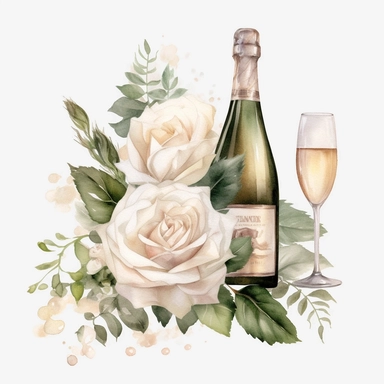 white beige rose border with leaves, champagnes bottle wedding, mystical, beautiful, white background, single clipart, halloween element, Sparkling ,watercolor