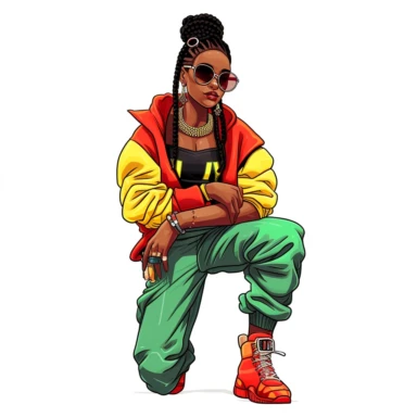 cartoon illustration of a cute black woman, space buns, wearing nike air jordan shoes, wearing a green, yellow and red fly 90s outfit, large hoop earrings, sunglasses, clipart, white background