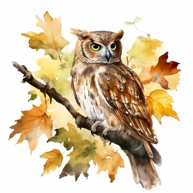 watercoloran owl sits on an oak branch, warm, soft glow through the trees, leaves are falling, trees in the background, hyper realistic, isolated white background, 8k, ultra detailed clipart, warm green and brown