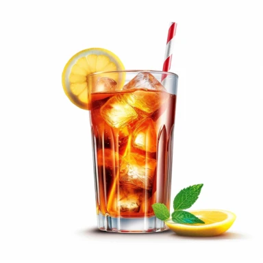 Create hiperrealistic photo on white background clipart of a Americano cocktail with a straw and lemon, capturing its refreshing essence. Include key ingredients, cocktail glassware, garnishes, and a harmonious color palette