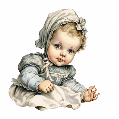 Victorian baby, Clipart, black outline, white background, colored pencil