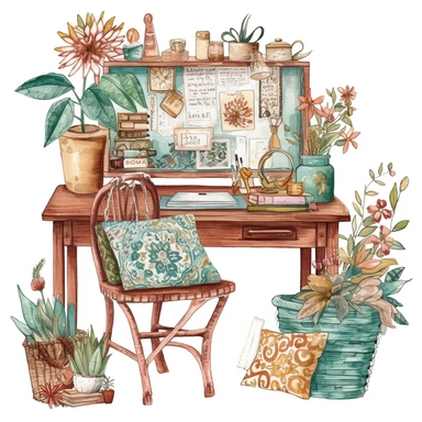 cozy boho desk, inside border clipart