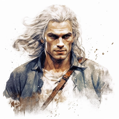 beautiful stunning handsome young man as The witcher character,diferent haircolor paint art style, clipart, white background, superrealistic, one of a kind