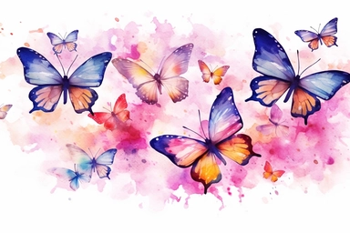 flying butterflies, rose, pink, wallpaper, side view, watercolor, top view, high click conversion, new color, clipart, hd, on white background