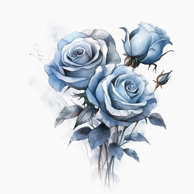 Watercolor dusty blue four roses clipart, four roses bouquet, muted color faded, white background